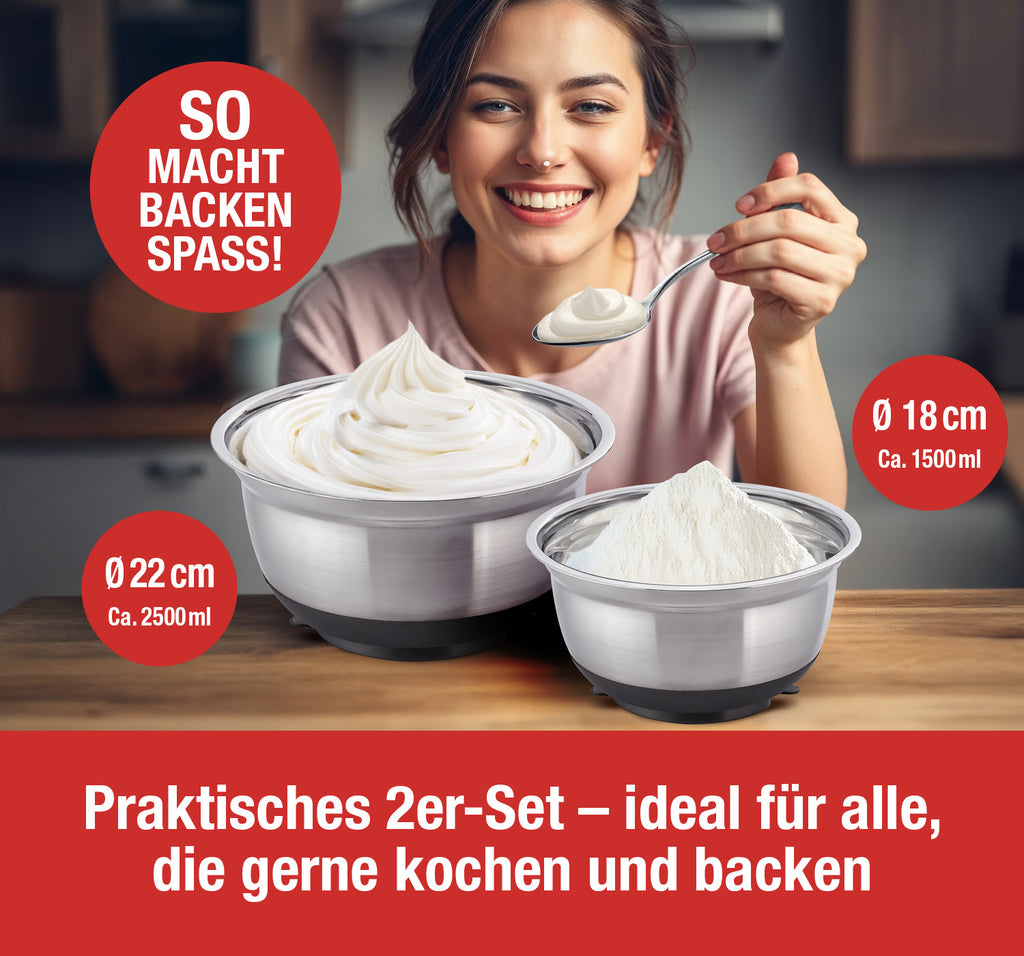 Cucinova 2er Set Edelstahlrührschüssel Set 18 cm und 22 cm mit Saugnapf