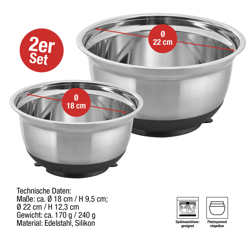 Cucinova 2er Set Edelstahlrührschüssel Set 18 cm und 22 cm mit Saugnapf